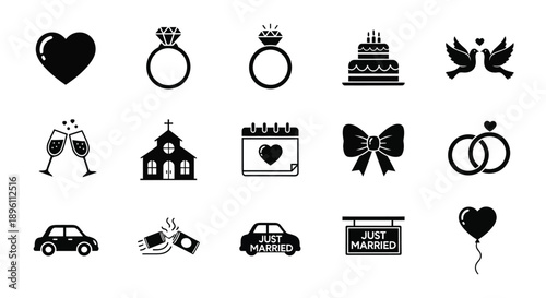Collection of black and white wedding icons and symbols