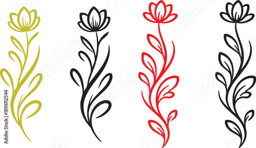 Collection of stylized floral stems in yellow, black, red, and dark gray vector art.