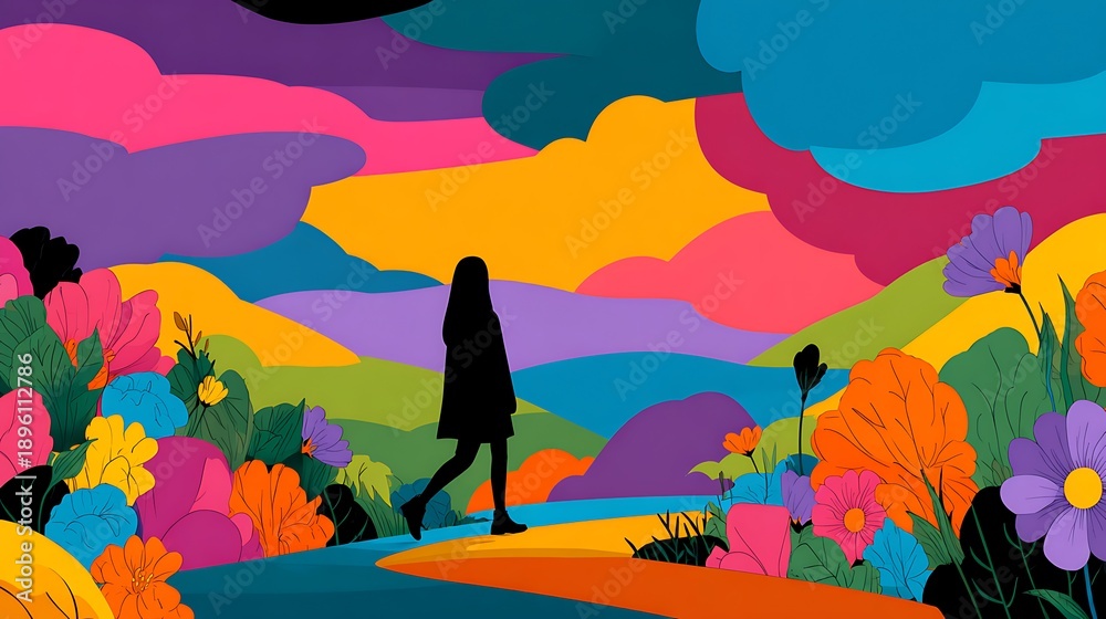 Fototapeta premium Silhouette of Woman Walking Through Colorful Abstract Landscape path Photo