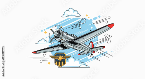 Dynamic vector illustration depicting a classic silver propeller airplane soaring through stylized clouds and wind, embodying the spirit of aerial adventure, historical flight, and freedom in the sky
