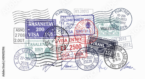 Collection of various international visa and entry stamps, postmarks, and rubber stamps scattered across a white background, illustrating global travel and immigration processes