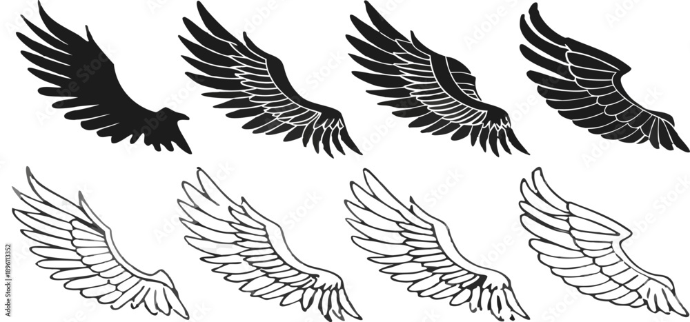 Obraz premium A collection of diverse wing silhouettes arranged in rows and columns, set against a transparent background. The wings are predominantly black and white, with varying styles and designs. They range fr