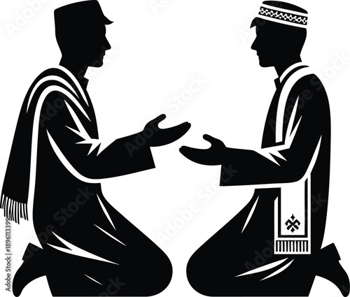 Two Muslim men in traditional attire kneeling and gesturing representing prayer respect and community isolated on white background