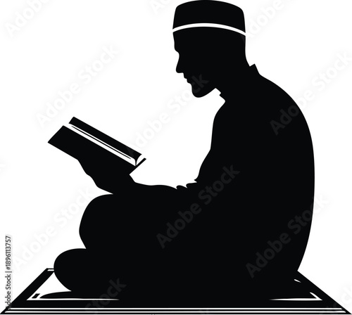 Silhouette of a Muslim man reading the Quran on a prayer mat representing Islamic faith and devotion isolated on white