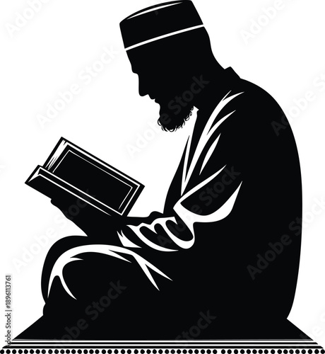 Silhouette of a Muslim man reading the Quran a symbol of faith and devotion isolated on a white background for Islamic cultural concepts
