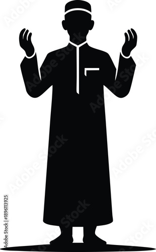Muslim man in traditional thawb praying silhouette vector illustration for religious concepts isolated on white background