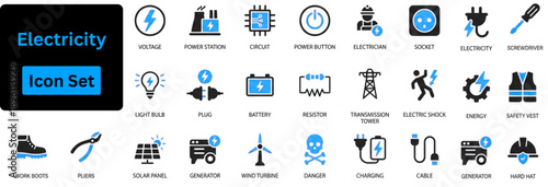 Electricity icon set contains charge, battery, energy, electricity, charger, recharge, electric car and charging station icons. Solid vector icon
