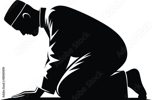 Silhouette of a Muslim man praying a simple black and white vector illustration for religious or cultural concepts isolated on white