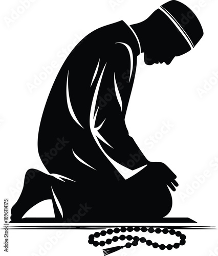 Silhouette of a Muslim man praying on a prayer mat with prayer beads representing faith and devotion isolated on white background