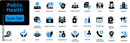 Public Health icon set. Public Health Icon Variants. Logo of Public health: community health care icon. harmonious logo variations of the same emblematic. Solid icon set. 