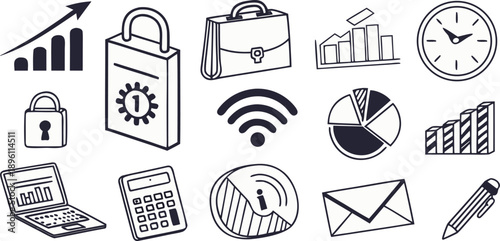 A collection of fifteen hand-drawn, black and white business-related icons arranged in a grid formation against a white background. The icons include a padlock, two briefcases, a shopping bag, a pie c
