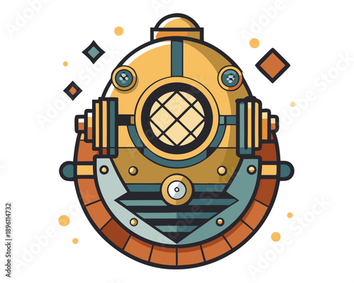 Vintage Steampunk Deep Sea Diving Helmet Vector Illustration with Nautical Antique Brass Equipment and Geometric Star Accents ROBOTIC