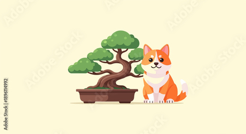 Cute pixel art dog sits beside a stylized bonsai tree on a plain background