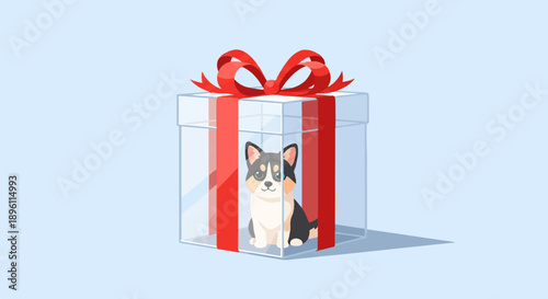 Cute puppy in a transparent gift box tied with a red ribbon