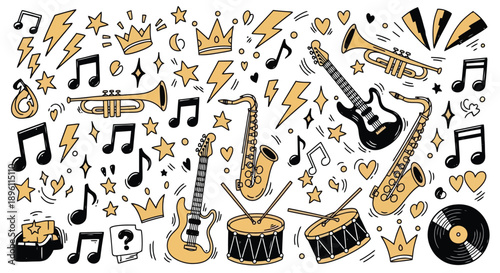 Hand drawn music doodle set with instruments and musical notes.