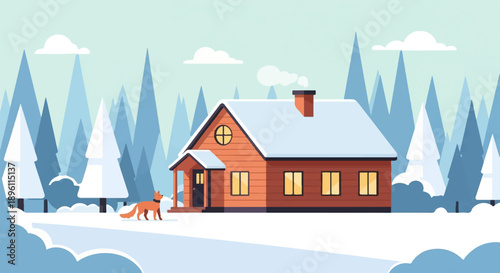 Cozy wooden cabin in snowy forest, with a fox nearby