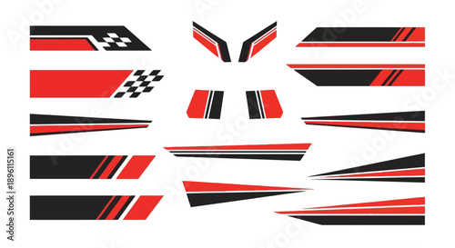 Set of racing car side stripes and hood decals for vehicle customization.