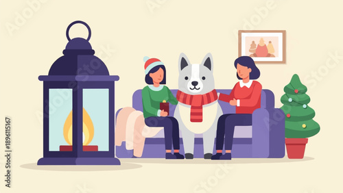Cozy winter scene with two women, a dog, and a Christmas tree
