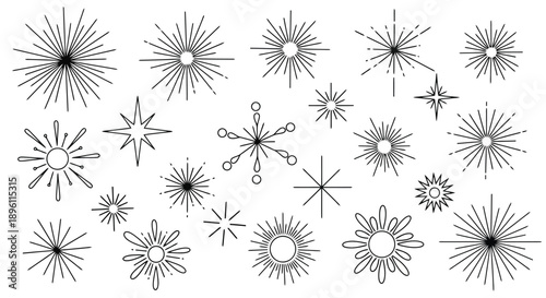 Collection of Hand-Drawn Sunbursts and Starbursts, Radiant Light Elements.