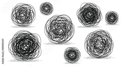 Collection of tangled messy scribbles and chaotic lines.