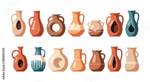 Collection of various ceramic vases and jugs in different shapes and colors.