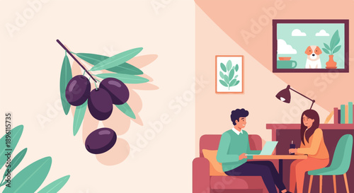 Couple shares coffee and a laptop in a cozy room with olive branch