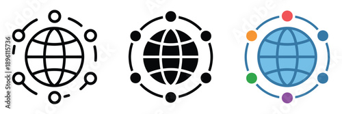 Global network icon set featuring go to web symbols, website and homepage icons, stroke, filled and colored styles, modern web design