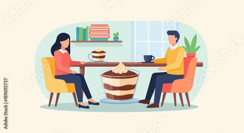Couple shares dessert and drinks at table with bookshelf