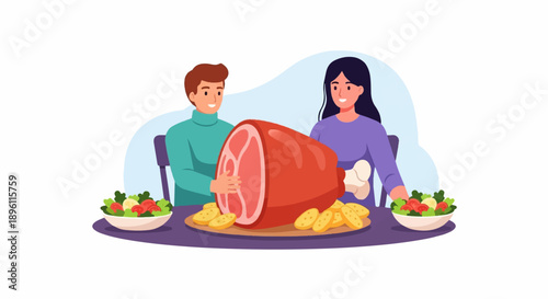 Couple sharing a large meal of roasted meat, potato slices, and salad