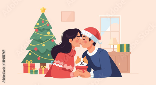 Couple sharing a Christmas kiss holding a puppy in a gift box
