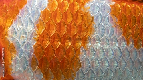 Closeup of orange koi fish scales texture. Abstract natural pattern revealing aquatic fauna detail. Pond life exploration and wildlife background concept.
