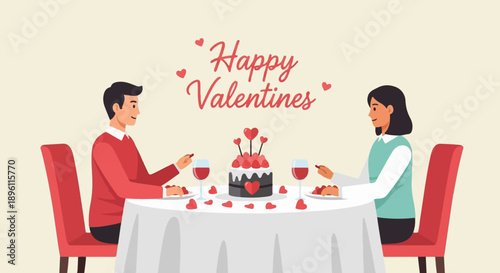 Couple shares romantic Valentine's Day dinner with cake and wine