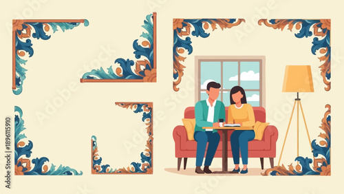 Couple sitting in a cafe with decorative borders and a floor lamp