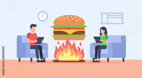 Couple sitting in armchairs, looking at tablets, with a hamburger cooking on fire