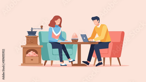 Couple sitting in chairs at a table with a laptop and coffee grinder