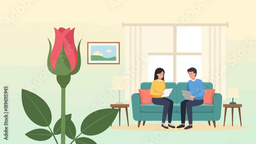 Couple sitting on sofa in living room with a rose in foreground
