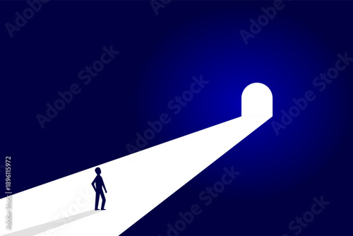 Light at the end of the tunnel concept with silhouette person. Symbol of hope, solution, future, motivation and overcoming difficulties. Mental health, fear and anxiety solution. Vector illustration.