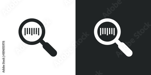 Magnifying glass icon focusing on barcode for product search and retail inventory tracking identification. Solid vector symbol illustration