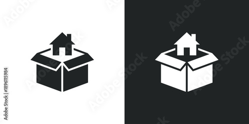 House inside open cardboard box icon for relocation moving service real estate property delivery. Solid vector symbol illustration