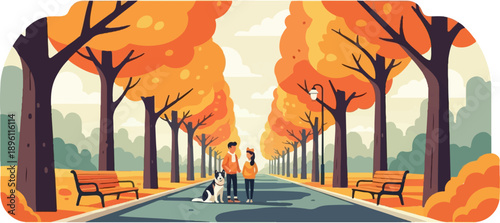 Couple walking dog on autumn path lined with trees and benches