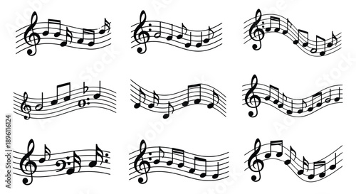 Collection of musical notes and clefs on staves, illustrating various melodies.