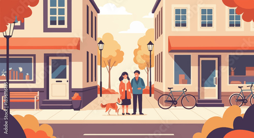 Couple walks their dog down a street lined with shops and trees