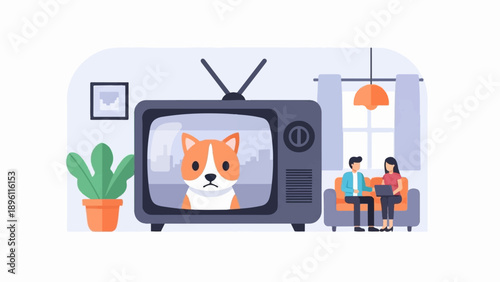 Couple watches cartoon dog on vintage TV in cozy room