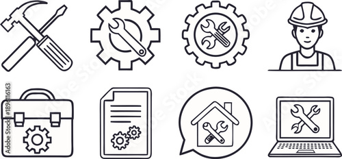 A collection of repair and maintenance icons, all rendered in a simple, clean, and minimalistic line art style, with a transparent background. The icons are consistently black and white, devoid of col