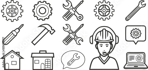 A collection of repair and maintenance icons, all rendered in a simple, clean, and minimalistic line art style, with a transparent background. The icons are consistently black and white, devoid of col
