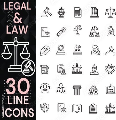 Legal and Law Line Vector Icons Set Including Justice, Court, Lawyer, Contract, Judiciary and Legal Protection Symbols