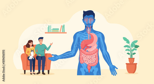 Couple with cat observe a human anatomy model showing digestion