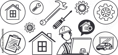 A collection of repair and maintenance icons, all rendered in a simple, clean, and minimalistic line art style, with a transparent background. The icons are consistently black and white, devoid of col