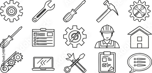 A collection of repair and maintenance icons, all rendered in a simple, clean, and minimalistic line art style, with a transparent background. The icons are consistently black and white, devoid of col