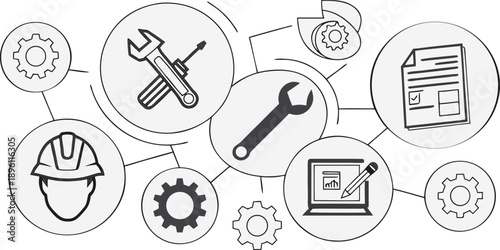 A collection of repair and maintenance icons, all rendered in a simple, clean, and minimalistic line art style, with a transparent background. The icons are consistently black and white, devoid of col